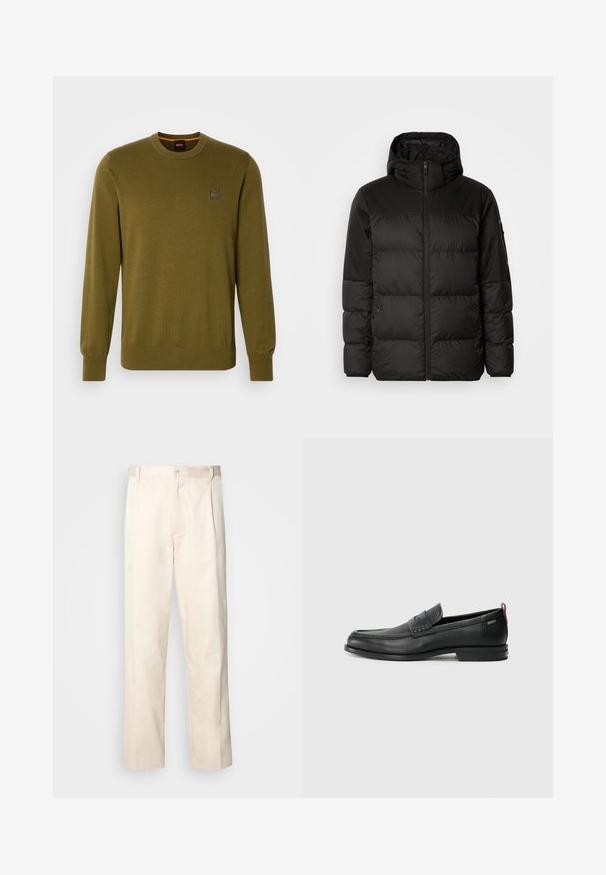Črna zimska jakna ima zadrgo, kapuco, prešite odseke in elastične manšete, izdelana je iz gladkega, vodoodpornega materiala.; Olivno zelena pletena jopica s okroglim izrezom in dolgimi rokavi. Ima majhen logotip na prsih ter rebraste manšete in rob.; Bež cottone hlače s ravnim krojem, ki imajo gumbasto zapiranje in nabore spredaj za dodatne detajle.; Črne usnjene loafer čevlje z teksturiranim sprednjim delom in gladkimi stranmi. Imajo ozko peto in zadnji zanko za enostavno obuvanje. Klasična zasnova.