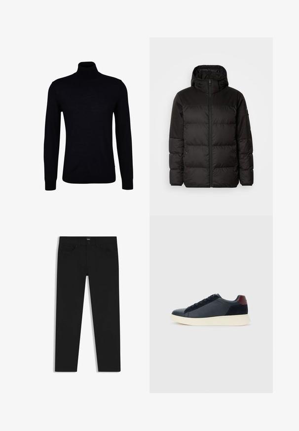 Zwarte pufferjas met ritsluiting, een capuchon, gequiltte secties en elastische manchetten, gemaakt van een glad, waterafstotend materiaal.; Zwarte coltrui van een gladde brei-stof. Voorzien van lange mouwen, een aansluitende hals, en geribbelde manchetten en zoom voor een strakke pasvorm.; Zwarte denim broek met een rechte snit, voorzien van een standaard tailleband, vijf zakken en een knoopsluiting. Gladde textuur overal.; Lage herensneaker van zwart leer en suede met een bordeauxrode hieltab en een witte rubberen zool, gezien vanuit de buitenkant.