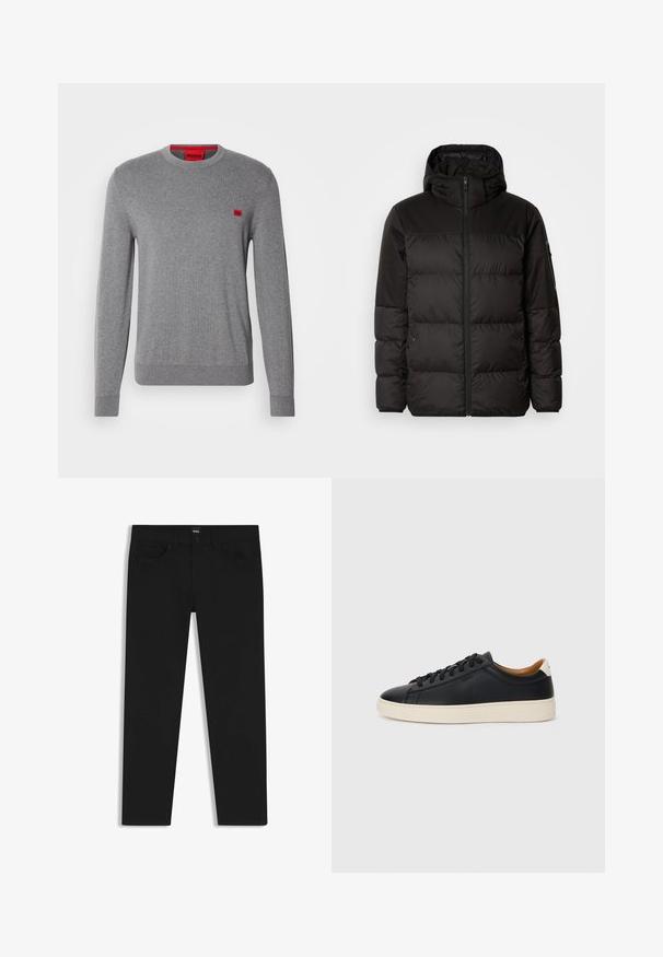 Musta puhvijakku sisältää vetoketjun, hupun, tilkuista koostuvia osioita ja joustavat hihansuut. Se on valmistettu sileästä, vedenpitävästä materiaalista.; HUGO SAN CASSIUS - Neule - medium grey; Musta farkkutakki suoran leikkauksen kanssa, varustettuna tavallisella vyötäröllä, viidellä taskulla ja nappisulkimella. Yhtenäinen sileä pinta.; Mustat nahkasneakerit, joissa on sileä pinta, beige kumipohja, nauhakiinnitys ja erottuva kanta-aksentti.