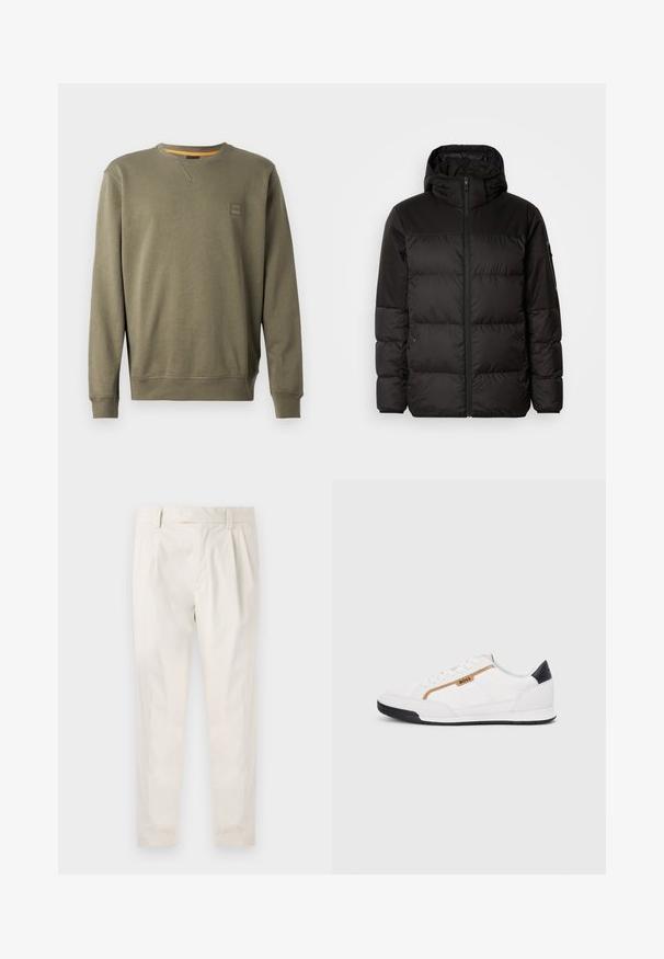 Mustikas puffer-jakk sisaldab tõmblukku, kapuutsi, tikandiga osi ja elastseid mansette, valmistatud siledast veekindlast materjalist.; Olive roheline kapuutsiga särk pehmest puuvilla segust, millel on ümar kaelus, soonikkoes mansetid ja väike logotäpike rinnal.; Valged volditud püksid, mis on kohandatud sobivusega, sujuva tekstuuriga, vööloopidega ja kitsenevate jalgadega. Pole nähtavaid taskuid ega mustreid.; Valged sportlikud jalatsid, millel on võrkkangas ja nahkdetailid. Omab kuldset "BOSS" logo, tekstureeritud külgpaneele ja musta kontsakaant. Kummist tallad.