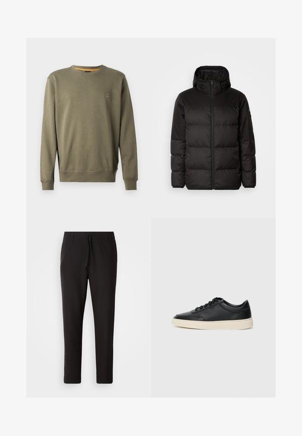 Μαύρο μπουφάν με φερμουάρ, κουκούλα, παραγεμισμένα τμήματα και ελαστικές μανσέτες, κατασκευασμένο από λείο, αδιάβροχο υλικό.; Ελαιόχρωμο φούτερ σε μαλακή σύνθεση βαμβακιού, με στρογγυλή λαιμόκοψη, ριμπ μανίκια και μικρή ετικέτα λογότυπου στο στήθος.; Μαύρο παντελόνι τζόγκινγκ φτιαγμένο από λείο ύφασμα. Διαθέτει ελαστική μέση με κορδόνι, κωνικά πόδια και χωρίς ορατές τσέπες. Απλός σχεδιασμός.; Μαύρο δερμάτινο σνίκερ χαμηλού προφίλ με μαύρες κορδόνες και ελαφρώς λευκή σόλα, εμφανίζεται σε πλάγια προφίλ σε λευκό φόντο.
