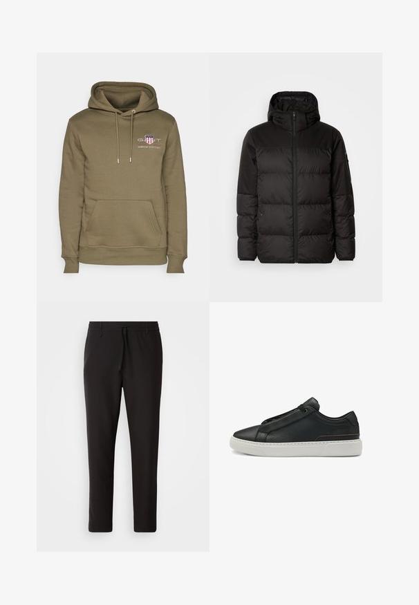 Schwarze Pufferjacke mit Reißverschluss, Kapuze, gesteppten Abschnitten und elastischen Bündchen, hergestellt aus einem glatten, wasserabweisenden Material.; Olivgrüne Kapuzenjacke mit Kängurutasche, Kordelzugkapuze und gesticktem Logo mit einem Schilddesign und Text auf der Brust.; Schwarze Jogginghose aus glattem Stoff. Mit einem elastischen Bund und Kordelzug, schmal zulaufenden Beinen und ohne sichtbare Taschen. Einfaches Design.; Schwarze Ledersneaker mit strukturiertem Obermaterial, elastischem Schlupfdesign, weißer Gummisohle und subtilen Kupferakzenten.