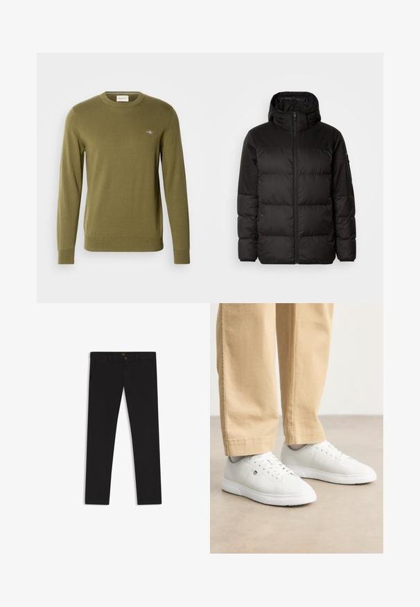 Zwarte pufferjas met ritsluiting, een capuchon, gequiltte secties en elastische manchetten, gemaakt van een glad, waterafstotend materiaal.; Olijfgroen gebreid sweater met een ronde hals, lange mouwen en geribde manchetten en zoom. Heeft een klein geborduurd logo op de borst.; Zwarte broek van stof met een gladde textuur. Bevat een knoopsluiting, riemlussen en zijzakken. Standaard straight-leg ontwerp.; Witte leren sneakers met een gladde afwerking, voorzien van een ronde neus, vlechtontwerp en subtiele logo-detail aan de zijkant, gecombineerd met beige broek.