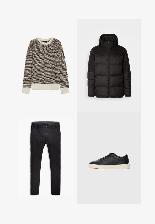 Il giubbotto puffo nero presenta una chiusura con zip, un cappuccio, sezioni trapuntate e polsini elastici, realizzato in un materiale liscio e resistente all'acqua.; Maglione strutturato nei colori marrone, nero e crema. Scollo rotondo, polsini e orlo a coste. Motivo lavorato a maglia con accenti di colore a contrasto.; Chinos neri in cotone con vestibilità affusolata, dotati di cinque tasche, passanti per cintura e una superficie liscia. Chiusura con zip e bottone.; Sneaker in pelle nera a basso profilo con lacci neri e suola avorio, mostrato di profilo su sfondo bianco.