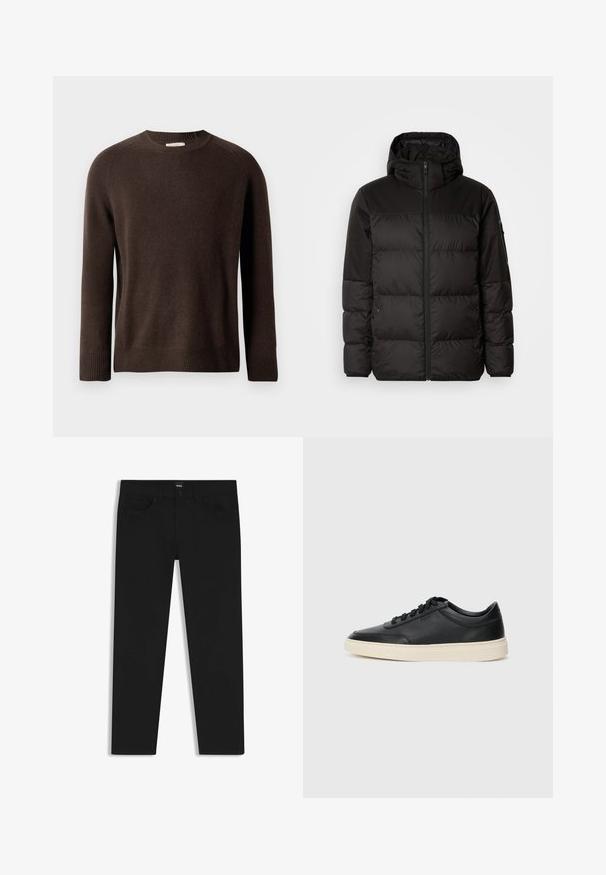 La chaqueta acolchada negra tiene un cierre de cremallera, capucha, secciones acolchadas y puños elásticos, hecha de un material suave y resistente al agua.; Suéter de cuello redondo de manga larga en color marrón, con puños y dobladillo acanalados, exhibido sobre un fondo claro y liso.; Pantalones de mezclilla negros con corte recto, que cuentan con una cinturilla estándar, cinco bolsillos y un cierre de botón. Textura suave en toda su superficie.; Zapatilla negra de piel de caña baja con cordones negros y suela color crema, mostrada en perfil lateral sobre fondo blanco.