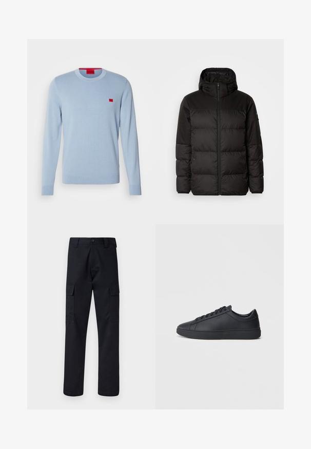 Juodas pūkinis švarkas turi užtrauktuką, gobtuvą, siūlinčius skyrius ir elastinius rankogalius, pagamintas iš lygaus, vandeniui atsparaus medžiagos.; Šviesiai mėlynas megztinis, pagamintas iš minkštos mezgimo medžiagos, su apykakle ir ilgomis rankovėmis. Pridedama maža raudona logotipo etikete ant krūtinės.; Juodi cargo kelnės, pagamintos iš tvirto audinio, su tiesiu kirpimu, dviem šoninėmis kišenėmis ir mygtukiniu užsegimu juosmenyje.; Juodi sportbačiai, pagaminti iš lygaus odos, su žemu dizainu, apvalia nosimi ir plokščiu guminiu padu. Yra raišteliai ir subtilus ženklinimas.