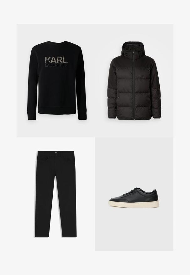 Il giubbotto puffo nero presenta una chiusura con zip, un cappuccio, sezioni trapuntate e polsini elastici, realizzato in un materiale liscio e resistente all'acqua.; Felpa nera a maniche lunghe con logo "KARL LAGERFELD" testurizzato ricamato sul petto, caratterizzata da un semplice collo rotondo.; Pantaloni in denim nero con taglio dritto, dotati di vita standard, cinque tasche e chiusura con bottone. Texture liscia su tutta la superficie.; Sneaker in pelle nera a basso profilo con lacci neri e suola avorio, mostrato di profilo su sfondo bianco.