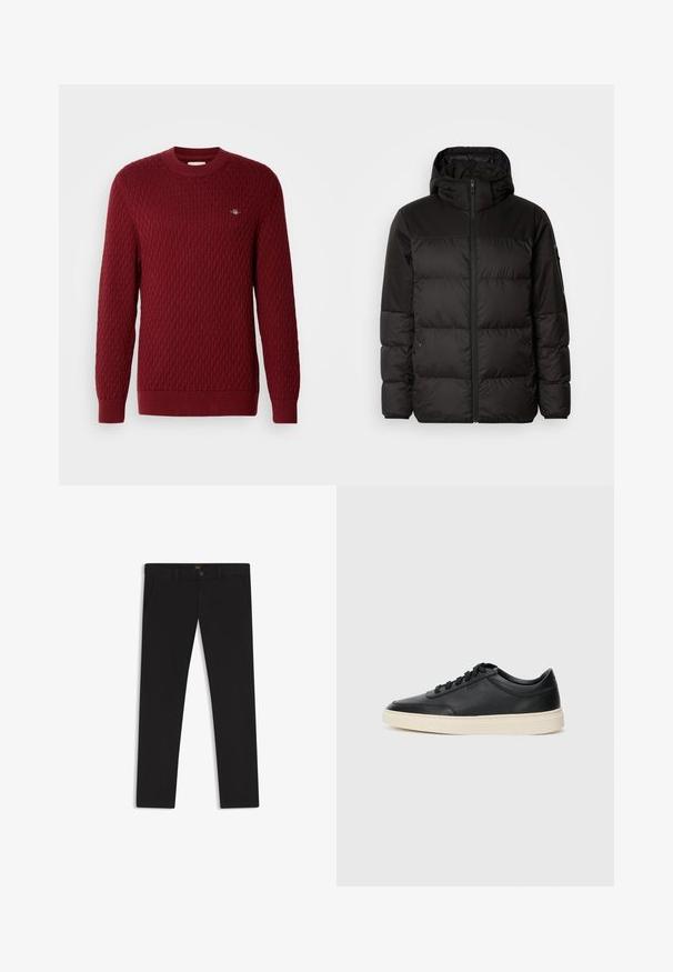 Black puffer jacket features a zip closure, a hood, quilted sections, and elastic cuffs, made from a smooth, water-resistant material.; Burgundy knit sweater with diamond pattern, crew neckline, long sleeves, and ribbed cuffs. Small logo detail on front. Soft texture.; Black trousers made of fabric with a smooth texture. Features a button closure, belt loops, and side pockets. Standard straight-leg design.; Black low-top leather sneaker with black laces and off-white sole shown in side profile on white background.