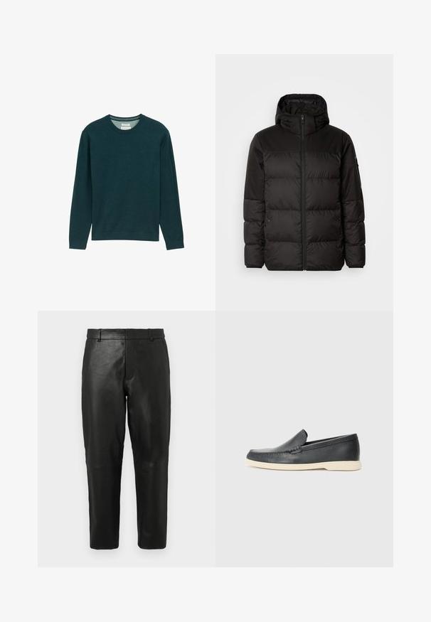 Crna puf jakna ima zatvaranje na zip, kapuljaču, kviltane dijelove i elastične manžete, izrađena je od glatkog, vodootpornog materijala.; Tamnozeleni dukserica dugih rukava s rebrastim okruglim izrezom, mekanog tekstura i suptilnim logotipom sprijeda. Klasičan kroj.; Crne kožne hlače ravnog kroja s petljama za remen i bočnim džepovima, prikazane na jednostavnoj svijetloj pozadini.; Crne kožne cipele na slip-on s teksturiranim završetkom i kontrastnom bež gumom. Imaju suptilan naglasak duž prednje strane.
