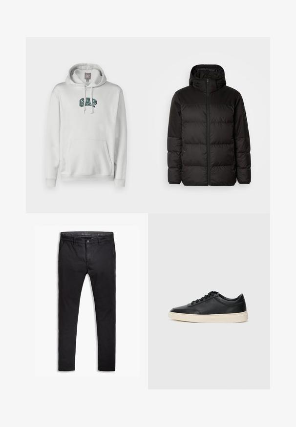 Musta puhvijakku sisältää vetoketjun, hupun, tilkuista koostuvia osioita ja joustavat hihansuut. Se on valmistettu sileästä, vedenpitävästä materiaalista.; GAP TONAL ARCH - Huppari - carls stone; Musta puuvillainen chinos-housut tapered-fit -mallilla, viidellä taskulla, vyölenkeillä ja sileällä pinnalla. Vetoketjukiinnitys nappisuljennalla.; Musta matalavartinen nahkastretchu, jossa on mustat nauhat ja vaaleanharmaa pohja, esitetty sivuprofiilissa valkoista taustaa vasten.