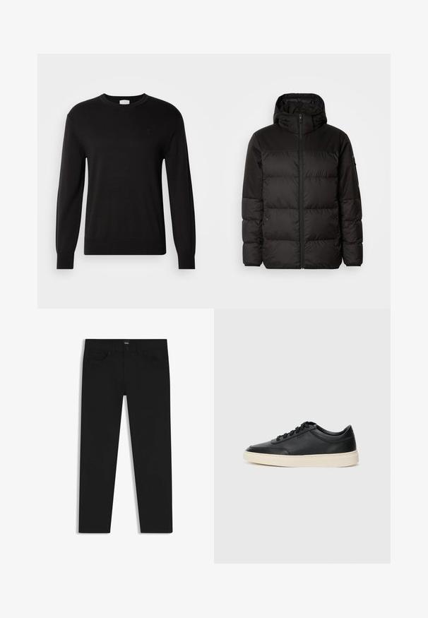 Svart puffjacka med blixtlås, huva, quiltade sektioner och elastiska mudd, tillverkad av ett slätt, vattentåligt material.; Svart crew-neck-tröja gjord av ett mjukt stickat material. Har långa ärmar och en subtil logo på bröstet. Klassisk passform och slät yta.; Svarta denimbyxor med rak passform, med en standard midja, fem fickor och knäppning med knapp. Slät yta genomgående.; Svart låg skor i läder med svarta snören och off-white sula, visas i sidoprofil på vit bakgrund.