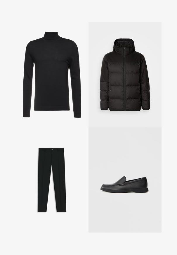 Schwarze Pufferjacke mit Reißverschluss, Kapuze, gesteppten Abschnitten und elastischen Bündchen, hergestellt aus einem glatten, wasserabweisenden Material.; Schwarzer Rollkragenpullover aus weichem, geripptem Stoff. Figurbetontes Design mit langen Ärmeln und hohem Kragen. Minimalistischer Stil, keine sichtbaren Muster.; Schwarze Anzughosen mit geradem Bein, aus glattem Stoff. Mit Knopfverschluss vorne und Gürtelschlaufen. Schlicht ohne Muster.; Schwarze Leder Slipper mit strukturiertem Obermaterial, runder Zehenform, niedrigem Absatz und Gummisohle, seitlich auf weißem Hintergrund abgebildet.