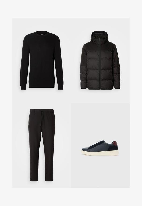 Juodas pūkinis švarkas turi užtrauktuką, gobtuvą, siūlinčius skyrius ir elastinius rankogalius, pagamintas iš lygaus, vandeniui atsparaus medžiagos.; Juodas rištinis megztinis su apvali iškirpte ir ilgomis rankovėmis. Medžiaga atrodo minkšta su tekstūruotu paviršiumi, tinkama kasdieniam dėvėjimui.; Juodi džinsai, pagaminti iš lygaus audinio. Yra elastinė juosmens juosta su raišteliu, siaurėjantys džinsai, be matomų kišenių. Paprastas dizainas.; Juodos odinės ir zomšinės vyriškos žemos sportinės avalynės su bordo spalvos kulkšnių juostele ir balto kaučiuko padu vaizdas iš išorės.