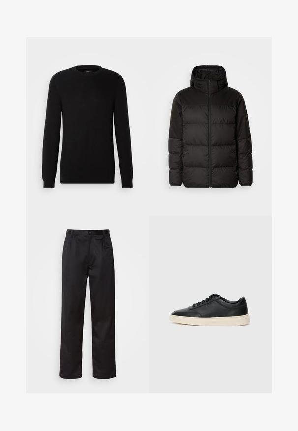 Melna pūkainā jakā iezīmes ir rāvējslēdzēja aizdare, kapuce, kvadrātveida šuves un elastīgas aproces, izgatavota no gludas, ūdensizturīgas vielas.; Melnas ribota dzijas džemperis ar apaļu kakla izgriezumu un garām piedurknēm. Materiāls izskatās mīksts ar teksturētu apdari, piemērots ikdienas nēsāšanai.; Melnas bikses, kas izgatavotas no gludas auduma, ar priekšējo pogu aizdari, krokām un taisnām kājām. Nav redzamu rakstu vai akcentu.; Melnas zemas ādas sporta kurpes ar melnām auklām un off-white zoli, rādītas no sānu profila uz baltā fona.