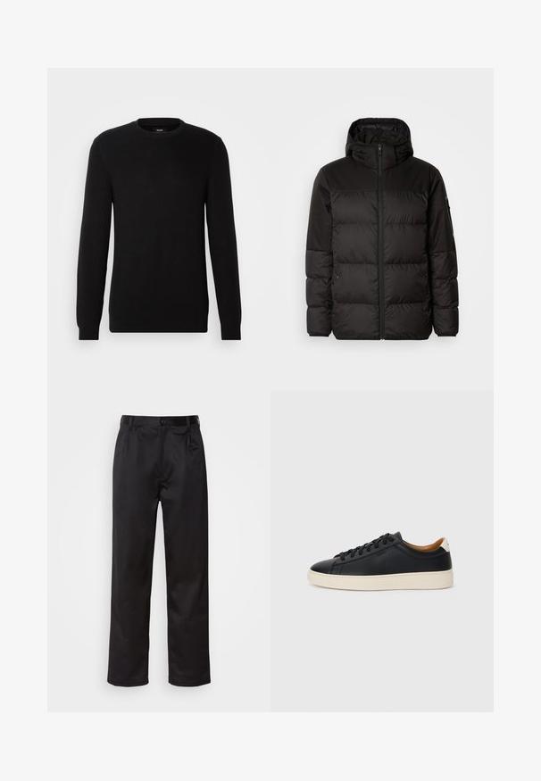 A fekete steppelt dzseki cipzáros záródással, kapucnival, steppelt részekkel és rugalmas mandzsettákkal rendelkezik, sima, vízálló anyagból készült.; Fekete bordázott kötésű pulóver kerek nyakkivágással és hosszú ujjakkal. Az anyag lágy tapintású, texturált felülettel rendelkezik, így alkalmas hétköznapi viseletre.; Fekete nadrág sima anyagból, elülső gombos záródással, redőkkel és egyenes szárral. Nincsenek látható minták vagy díszítések.; Fekete bőr sportcipők sima felülettel, bézs gumitalppal, fűzős dizájnnal és kontrasztos sarkú akcentussal.