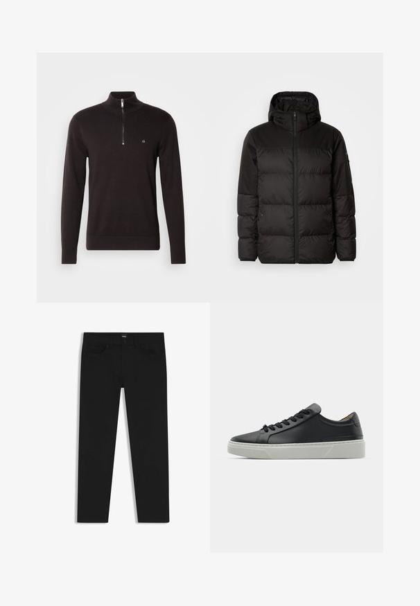 Schwarze Pufferjacke mit Reißverschluss, Kapuze, gesteppten Abschnitten und elastischen Bündchen, hergestellt aus einem glatten, wasserabweisenden Material.; Schwarzer Zip-Up-Pullover mit hohem Kragen, ausgestattet mit einem strukturierten Strickdesign und einem kleinen Logo auf der Brust. Lange Ärmel und schmal geschnittene Bündchen.; Schwarze Denim-Hosen mit geradem Schnitt, ausgestattet mit einem Standardbund, fünf Taschen und einem Knopfverschluss. Angenehme, glatte Textur.; Schwarze Ledersneaker mit glatter Textur, runder Zehenform und schwarzen Schnürsenkeln. Verfügt über eine dicke, weiße Gummisohle mit subtilen geometrischen Akzenten.