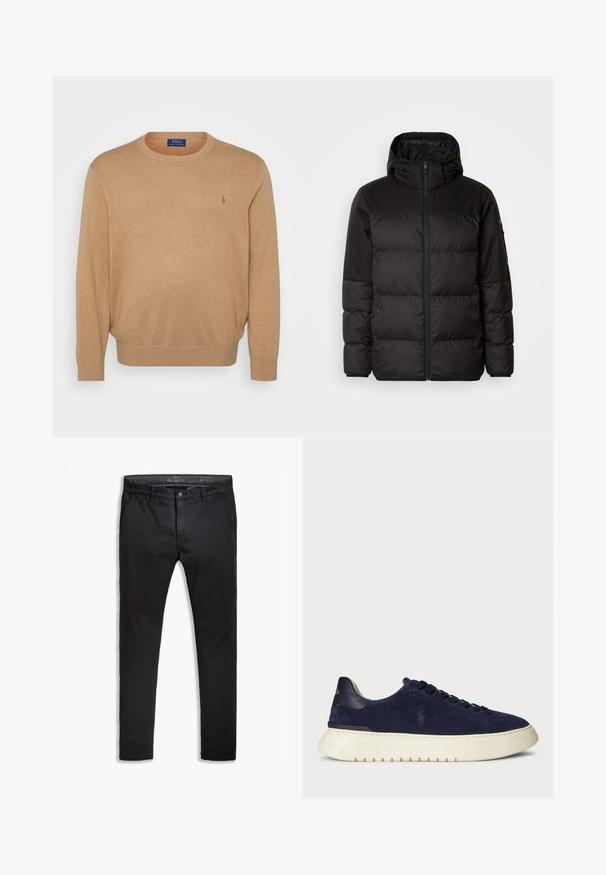 Melna pūkainā jakā iezīmes ir rāvējslēdzēja aizdare, kapuce, kvadrātveida šuves un elastīgas aproces, izgatavota no gludas, ūdensizturīgas vielas.; Bežs džemperis ar apaļu kakla izgriezumu, izgatavots no mīksta auduma, ar ribotām kakla un piedurkņu malām, un mazu izšūtu logotipu uz krūtīm.; Melnas kokvilnas chinos bikses ar sašaurinātu piegriezumu, piecas kabatas, jostas cilpas un gludu audumu. Ar rāvējslēdzēju un pogu aizdari.; Jūras kara flotes zamšādas zemas kedas ar strukturētu virsmu, gumijas zoli un tonālām šņorēm, ar mazu logotipu uz sāna un papēža.