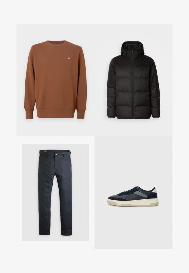 Černá péřová bunda má zipový uzávěr, kapuci, prošívané části a elastické manžety, vyrobená z hladkého, voděodolného materiálu.; Hnědá mikina s kulatým výstřihem z měkkého materiálu, s dlouhými rukávy a malým vyšívaným logem na hrudi. Žebrované manžety a lem.; Tmavě modré kalhoty vyrobené z hladké tkaniny, s zapínáním na knoflík, poutky na pás a jemným prošíváním; klasický střih rovného nohavice.; BOSS BALTIMORE - Tenisky - open blue