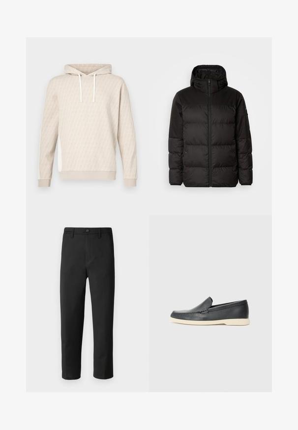 Musta puhvijakku sisältää vetoketjun, hupun, tilkuista koostuvia osioita ja joustavat hihansuut. Se on valmistettu sileästä, vedenpitävästä materiaalista.; Beige huppari, jossa on hienovarainen geometrinen kuvio, nyörillisellä hupulla, resorikämmenillä ja sivupaneeleilla. Pehmeä pinta, rento muotoilu.; Mustat suorat housut, valmistettu sileästä kankaasta. Varustettu nappisulkimella ja vyölenkeillä. Ei näkyviä kuvioita tai yksityiskohtia.; Mustat nahkakengät ilman nauhoja, joissa on teksturoitu pinta ja kontrastoiva beige kumipohja. Kengissä on hillitty yksityiskohta etuosassa.