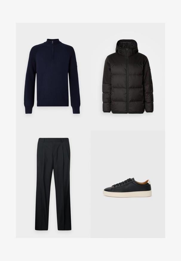 Mustikas puffer-jakk sisaldab tõmblukku, kapuutsi, tikandiga osi ja elastseid mansette, valmistatud siledast veekindlast materjalist.; Tumedat sinine kootud poolpusa, millel on tõstetud krae ja poolsiidist sulg, ning kus on ribakujulised mansetid ja allääre.; Mustad pleekpüksid, mis on valmistatud siledast kangast. Omavad sirget lõiget, vöörihma koos aasadega ning puuduvad taskud. Lihtne disain.; Mustad nahast tennised sujuva pindadega, beež kummist tallaga, paelaga kinnitamine ja kontrastse kanna aktsendiga.