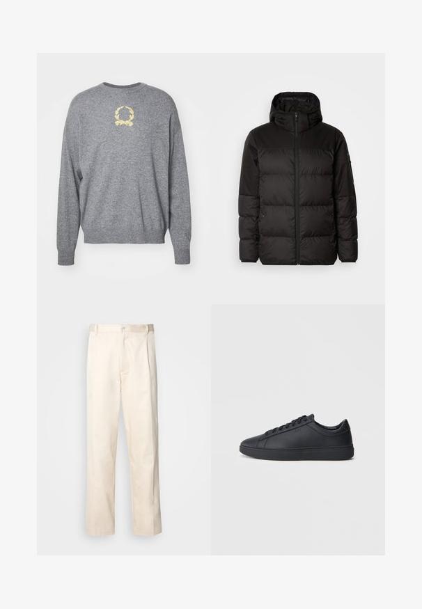 Juodas pūkinis švarkas turi užtrauktuką, gobtuvą, siūlinčius skyrius ir elastinius rankogalius, pagamintas iš lygaus, vandeniui atsparaus medžiagos.; Pilkas megztinis su apvaliu kaklu, su geltonai siuvinėtu lauro motyvu krūtinėje ir rausvomis rankovėmis bei apačia.; Bežinės medvilninės kelnės su tiesiu kirpimu, turinčios mygtuko uždarymą ir priekyje raukšles papildomai dekoratyviam akcentui.; Juodi sportbačiai, pagaminti iš lygaus odos, su žemu dizainu, apvalia nosimi ir plokščiu guminiu padu. Yra raišteliai ir subtilus ženklinimas.