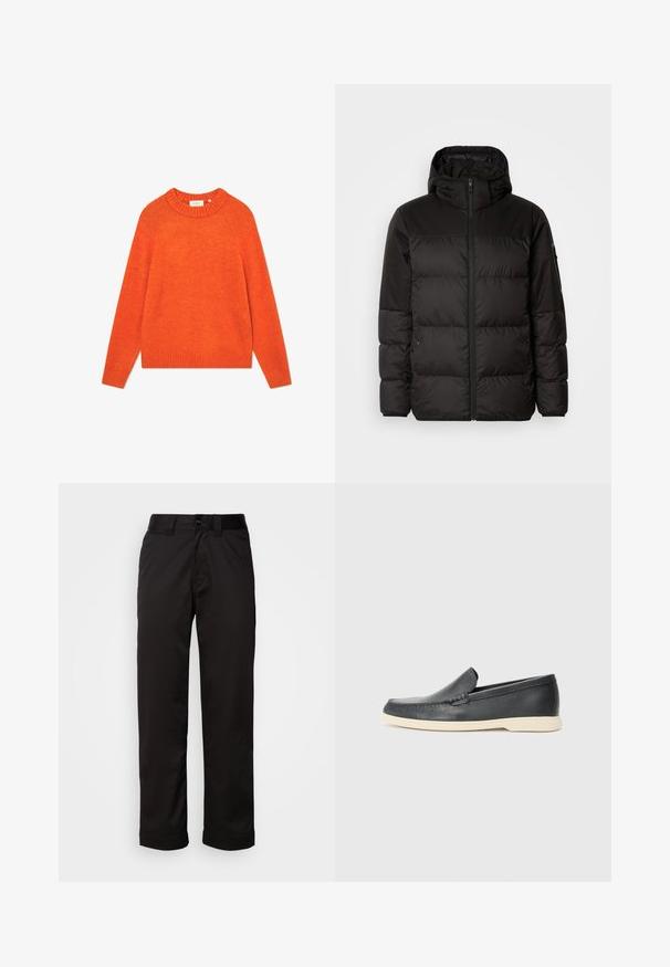 Czarna kurtka puchowa z zapięciem na zamek, kapturem, pikowanymi sekcjami i elastycznymi mankietami, wykonana z gładkiego, wodoodpornego materiału.; Pomarańczowy sweter wykonany z miękkiego materiału, z prążkowanym dekoltem i dolnym wykończeniem, długimi rękawami i luźnym krojem. Brak wzorów i ozdób.; Czarne spodnie wykonane z gładkiego materiału, z zamkiem błyskawicznym, zapięciem na guzik oraz podwiniętymi mankietami, co nadaje im casualowy charakter.; Czarne skórzane slip-ony w stylu loafers z teksturowanym wykończeniem i kontrastującą beżową gumową podeszwą. Posiadają delikatny akcent wzdłuż przodu.