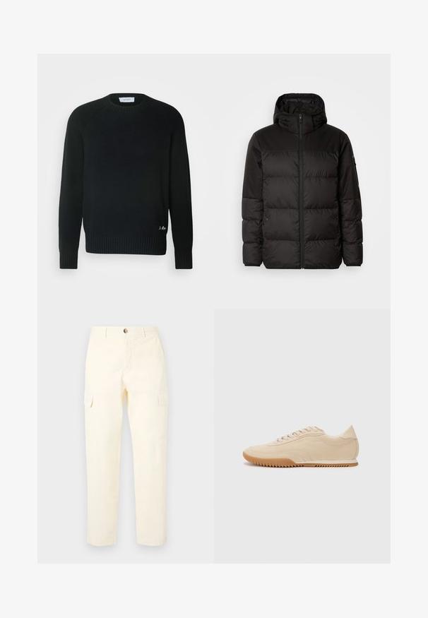 Črna zimska jakna ima zadrgo, kapuco, prešite odseke in elastične manšete, izdelana je iz gladkega, vodoodpornega materiala.; Les Deux BRAD ROUNDNECK - Pulover - black; Svetlo rumene cargo hlače iz bombaža, ki imajo stranske žepe in ravno oblikovan kroj, z gumbom za zapiranje v pasu.; Bež semiš čevlji z aerodinamičnim dizajnom, ki imajo teksturirano zgornji del, zaobljen toe in gumijast podplat z zigzag vzorcem.