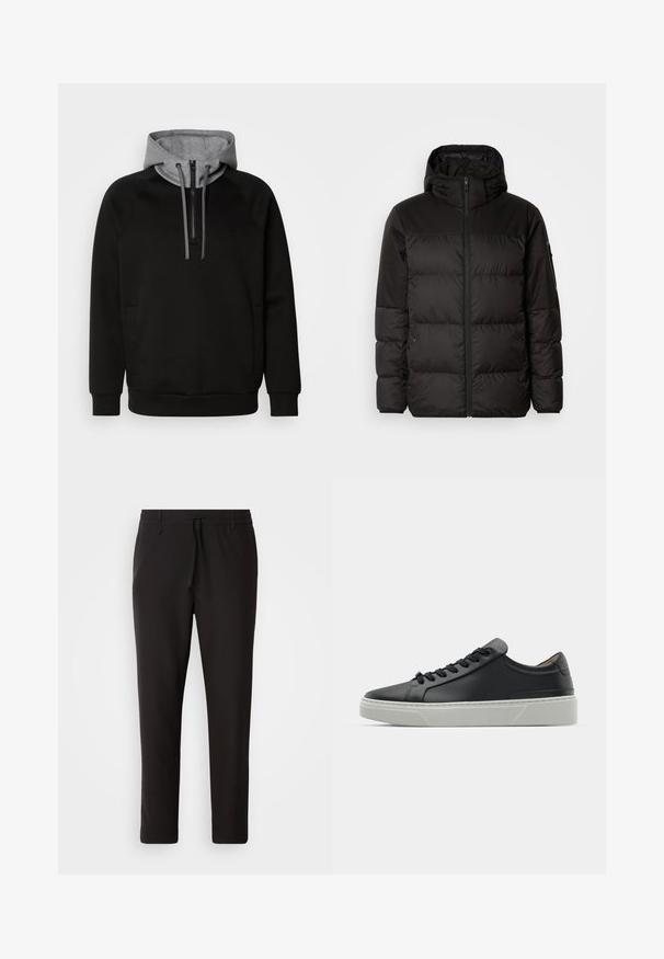 Črna zimska jakna ima zadrgo, kapuco, prešite odseke in elastične manšete, izdelana je iz gladkega, vodoodpornega materiala.; Črna zip-up kapuca z sivo kapuco, ki vsebuje sprednji žep, vrvice in subtilen logo. Narejena je iz mehkega blaga z gladko teksturo.; Črne jogger hlače iz gladkega blaga. Imajo elastičen pas z vrvico, zožane hlačnice in brez vidnih žepov. Enostaven dizajn.; Črne usnjene teniske z gladko teksturo, okroglo konico in črnimi vezalkami. Imajo debel bel gumijast podplat s subtilnimi geometrijskimi poudarki.