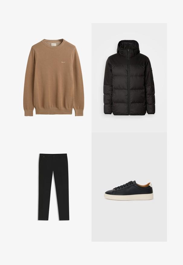 Svart puffjacka med blixtlås, huva, quiltade sektioner och elastiska mudd, tillverkad av ett slätt, vattentåligt material.; Brun stickad tröja med ett texturerat mönster, rund halsringning och långa ärmar. Har en liten broderad logotyp på bröstet.; Svarta byxor i slätt tyg med rak bendesign, sidofickor, framknäppning och diskret logotypdetalj.; Svarta lädersneakers med en slät yta, beige gummisula, snörning och en kontrasterande hälackcent.