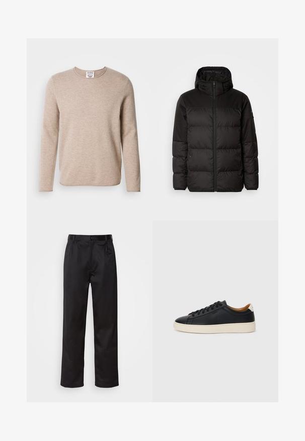 La doudoune noire est dotée d'une fermeture éclair, d'une capuche, de sections matelassées et de poignets élastiques, fabriquée à partir d'un matériau lisse et résistant à l'eau.; Pull en beige à manches longues en tissu doux, avec un col rond et un ourlet droit. Présente un tricot texturé et un design minimaliste.; Pantalon noir en tissu lisse, avec une fermeture à bouton sur le devant, des plis et des jambes droites. Aucun motif ou accent visible.; Baskets en cuir noir avec une texture lisse, semelle en caoutchouc beige, design à lacets et accent de talon contrasté.