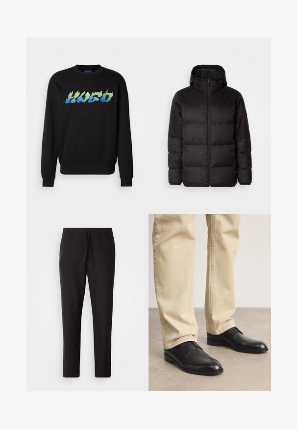 Il giubbotto puffo nero presenta una chiusura con zip, un cappuccio, sezioni trapuntate e polsini elastici, realizzato in un materiale liscio e resistente all'acqua.; Felpa nera a maniche lunghe con collo a giro, caratterizzata dalla scritta 'HUGO' in un font a fiamma blu e verde sul petto.; Pantaloni jogger neri realizzati in tessuto liscio. Presentano una vita elasticizzata con stringa, gambe affusolate e senza tasche visibili. Design semplice.; Scarpe stringate in pelle nera con punta arrotondata, finitura liscia e dettagli di cucitura sottili, indossate con pantaloni beige chiaro.