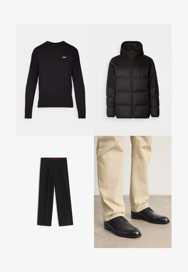 Schwarze Pufferjacke mit Reißverschluss, Kapuze, gesteppten Abschnitten und elastischen Bündchen, hergestellt aus einem glatten, wasserabweisenden Material.; Schwarzer Rundhalsausschnitt-Pullover, strukturierte Ärmel, gerippte Bündchen und Saum, mit einem kleinen weißen "BOSS"-Logo auf der Brust.; Schwarze weit geschnittene Hosen mit flachem Bund, zwei seitlichen Taschen, gefaltetem Design und einem kontrastierenden roten Innenbund.; Schwarze Leder Schnürschuhe mit runder Zehenform, glatter Oberfläche und dezenten Nähdetails, getragen mit hellbeigen Hosen.