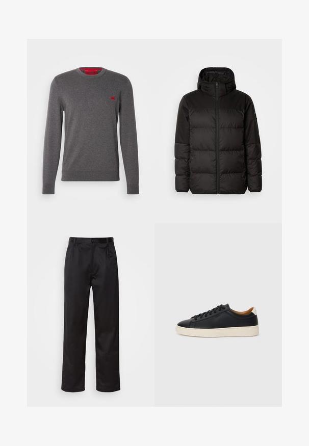 A jaqueta puffer preta apresenta um fecho zip, um capuz, secções acolchoadas e punhos elásticos, confeccionada em um material liso e resistente à água.; Suéter cinza de gola redonda em tecido suave, apresentando um pequeno patch de logótipo vermelho no peito, punhos e bainha canelados para um ajuste confortável.; Calças pretas feitas de um tecido suave, com fecho frontal por botão, pregas e pernas retas. Sem padrões ou acentos visíveis.; Tenis de couro preto com uma textura suave, sola de borracha bege, design de atar e um destaque no calcanhar em contraste.