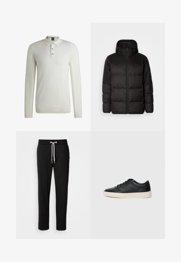 Černá péřová bunda má zipový uzávěr, kapuci, prošívané části a elastické manžety, vyrobená z hladkého, voděodolného materiálu.; BOSS Svetr - open white eleven; Černé tepláky z měkkého materiálu, které mají elastický pás s šňůrkou a boční kapsy. Ležérní design s rovnými nohavicemi.; Černé kožené nízké tenisky s černými tkaničkami a slonovinovou podešví, zobrazené v bočním profilu na bílém pozadí.