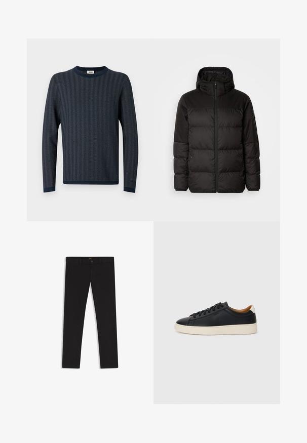 Black puffer jacket features a zip closure, a hood, quilted sections, and elastic cuffs, made from a smooth, water-resistant material.; Navy knitted sweater featuring a herringbone pattern, round neck, and long sleeves with contrasting navy cuffs and hem.; Black trousers made of fabric with a smooth texture. Features a button closure, belt loops, and side pockets. Standard straight-leg design.; Black leather sneakers with a smooth texture, beige rubber sole, lace-up design, and a contrasting heel accent.