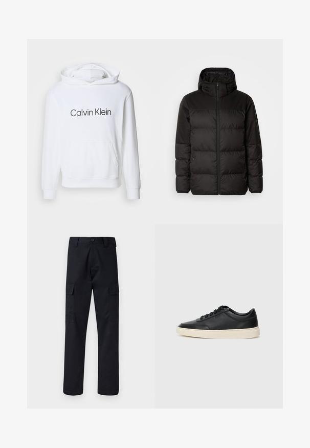 Il giubbotto puffo nero presenta una chiusura con zip, un cappuccio, sezioni trapuntate e polsini elastici, realizzato in un materiale liscio e resistente all'acqua.; Felpa bianca con cappuccio e tasca anteriore, con la scritta "Calvin Klein" stampata in grigio scuro sul petto. Realizzata in tessuto morbido.; Pantaloni cargo neri realizzati in un tessuto resistente, con un taglio dritto, due tasche laterali e una chiusura a bottone in vita.; Sneaker in pelle nera a basso profilo con lacci neri e suola avorio, mostrato di profilo su sfondo bianco.