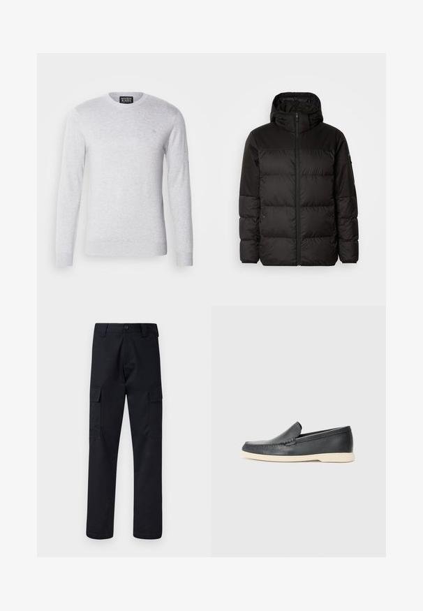 Melna pūkainā jakā iezīmes ir rāvējslēdzēja aizdare, kapuce, kvadrātveida šuves un elastīgas aproces, izgatavota no gludas, ūdensizturīgas vielas.; Gai pelēks adīts džemperis ar garām piedurknēm, apaļu kakla izgriezumu un mazu logotipu izšūtu uz krūšu. Mīksta tekstūra, ikdienas dizains.; Melni kravas bikses, kas izgatavotas no izturīga auduma, ar taisnu kāju griezumu, divām sānu kabatām un pogu aizdari jostas vietā.; Melni ādas kurpes, kas valkājas uz slip-on principa, ar teksturētu apdari un kontrastējošu beigu gumijas zoli. Iespējama smalka apdare priekšpusē.