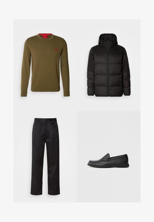 Geacă puffer neagră cu închidere cu fermoar, glugă, secțiuni quilted și manșete elastice, realizată dintr-un material neted, rezistent la apă.; Pulover de culoare verde măsliniu dintr-un material tricotat moale. Are un gât rotund, manșete côtate și o mică etichetă roșie pe piept.; Pantaloni negri dintr-un material neted, cu închidere prin nasture frontal, pliseuri și picioare drepte. Fără modele sau accente vizibile.; Mocasini negri din piele cu slip-on, cu suprapunere texturată, vârf rotund, toc mic și talpă din cauciuc, prezentați din profil lateral pe fundal alb.