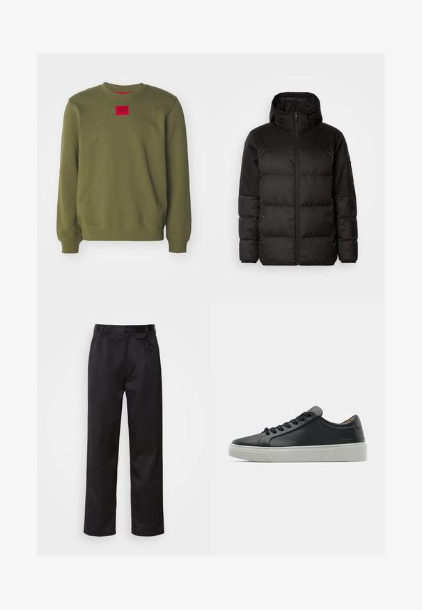Crna puf jakna ima zatvaranje na zip, kapuljaču, kviltane dijelove i elastične manžete, izrađena je od glatkog, vodootpornog materijala.; HUGO DIRAGOL - Sportska majica - open green; Crne hlače od glatkog materijala, s prednjim zatvaranjem na dugme, pregibima i ravnim nogavicama. Nema vidljivih uzoraka ili akcenta.; Crne kožne tenisice s glatkom teksturom, okruglim vrhom i crnim čipkastim vezicama. Imaju debeo bijeli gumeni potplat s suptilnim geometrijskim naglascima.