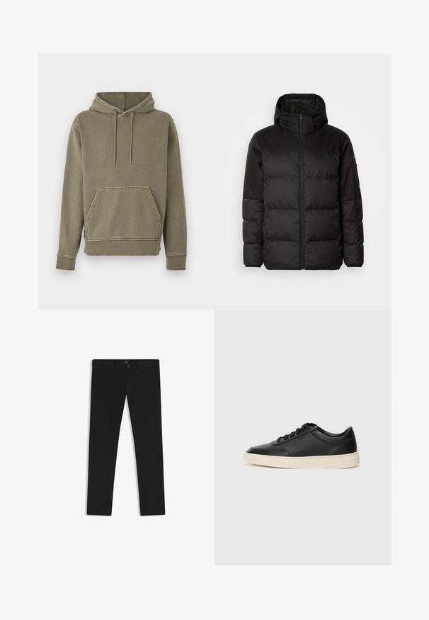 Svart puffjacka med blixtlås, huva, quiltade sektioner och elastiska mudd, tillverkad av ett slätt, vattentåligt material.; Olivgrön huvtröja med strukturerad yta, framficka i kängerou-stil och ribbade mudd och nederkant. Har snörning för justering av huvan.; Svarta byxor gjorda av tyg med en slät textur. Har en knäppning med knapp, bälteshällor och sidofickor. Standard rakt ben-design.; Svart låg skor i läder med svarta snören och off-white sula, visas i sidoprofil på vit bakgrund.