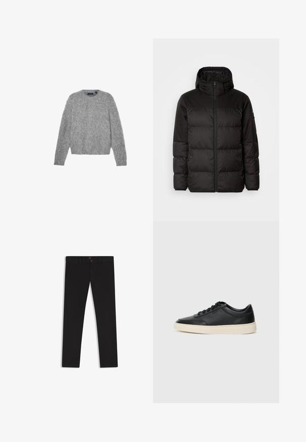 Black puffer jacket features a zip closure, a hood, quilted sections, and elastic cuffs, made from a smooth, water-resistant material.; Gray, long-sleeve sweater made of fluffy material with a round neckline and a cropped fit. Smooth texture with a soft, light appearance.; Black trousers made of fabric with a smooth texture. Features a button closure, belt loops, and side pockets. Standard straight-leg design.; Black low-top leather sneaker with black laces and off-white sole shown in side profile on white background.