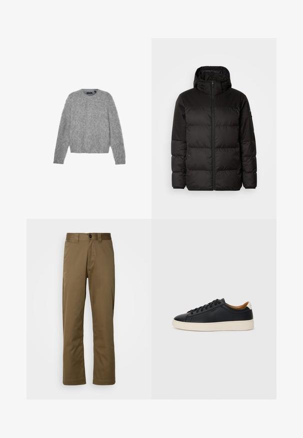 Črna zimska jakna ima zadrgo, kapuco, prešite odseke in elastične manšete, izdelana je iz gladkega, vodoodpornega materiala.; Siv usnjeni pulover z dolgimi rokavi, izdelan iz puhastega materiala, s krožnim izrezom in skrajšano silhueto. Gladka tekstura z mehkim, svetlim videzom.; Rjave hlače ravnih nogavic iz tkanine. Imajo gumbasto zapiranje, stranske žepke in gladko teksturo. Prilagojen kroj.; Črne usnjene superge z gladko teksturo, bež gumijastim podplatom, zavezovalnim dizajnom in kontrastnim nagibom na peti.