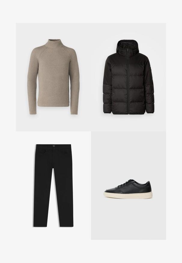 Black puffer jacket features a zip closure, a hood, quilted sections, and elastic cuffs, made from a smooth, water-resistant material.; Beige ribbed turtleneck sweater with long sleeves, featuring a fitted silhouette and textured knit pattern. Made from a soft material.; Black denim trousers with a straight cut, featuring a standard waistband, five pockets, and a button closure. Smooth texture throughout.; Black low-top leather sneaker with black laces and off-white sole shown in side profile on white background.