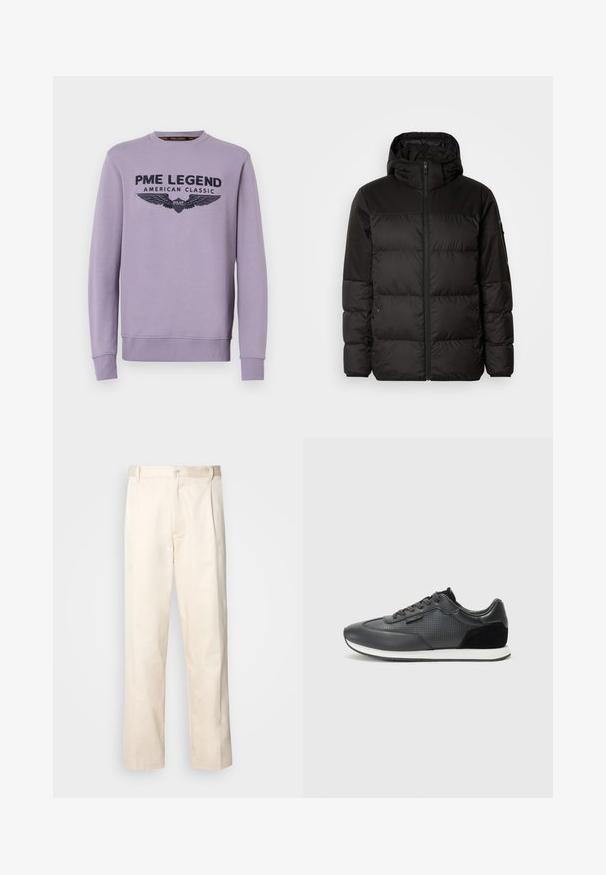 La chaqueta acolchada negra tiene un cierre de cremallera, capucha, secciones acolchadas y puños elásticos, hecha de un material suave y resistente al agua.; Sudadera morada de cuello redondo, hecha de una tela suave, con el texto negro impreso en el frente que dice "PME LEGEND AMERICAN CLASSIC" acompañado de gráficos de alas.; Pantalones de algodón beige con corte recto, que cuentan con un cierre de botón y pliegues en la parte frontal para un detalle adicional.; Zapatillas deportivas negras con parte superior de piel, detalles perforados, acentos de ante y suela de caucho blanca. Diseño clásico con cordones.