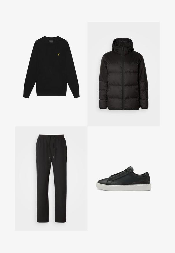 Geacă puffer neagră cu închidere cu fermoar, glugă, secțiuni quilted și manșete elastice, realizată dintr-un material neted, rezistent la apă.; Hanorac negru din bumbac, cu mâneci lungi și guler rotund. Prezintă un mic logo galben cu o vultur pe piept. Textură moale.; Pantaloni jogging negri dintr-un material ușor, cu talie elastică și șnururi ajustabile, plus buzunare laterale. Textură netedă.; Tenisi negri din piele cu suprafață texturată, design elastic pentru a fi purtați ușor, talpă din cauciuc albă și detalii subtile din cupru.