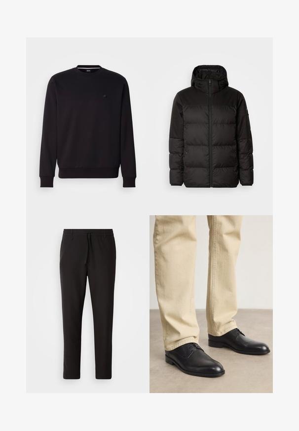 A fekete steppelt dzseki cipzáros záródással, kapucnival, steppelt részekkel és rugalmas mandzsettákkal rendelkezik, sima, vízálló anyagból készült.; Fekete, kerek nyakú pulóver, pamut keverék, bordás mandzsetta és szegély, kis logó a mellkason, sima textúra, testhez simuló fazon.; Fekete jogger nadrág sima anyagból. Rugalmas derekú, húzózsinórral, tapered lábakkal és látható zsebek nélkül készül. Egyszerű dizájn.; Fekete bőrfűzős cipő kerek orral, sima felülettel és finom varrási részletekkel, világos bézs nadrággal viselve.