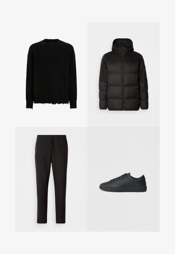 Melna pūkainā jakā iezīmes ir rāvējslēdzēja aizdare, kapuce, kvadrātveida šuves un elastīgas aproces, izgatavota no gludas, ūdensizturīgas vielas.; Melnas garām piedurknēm kreklā barjeras džemperis ar izsistiem galiem pie piedurknēm un apakšmalas, izgatavots no pūkainas adīšanas auduma.; Melnas sporta bikses no gludas auduma. Tām ir elastīga josta ar auklu, sašaurinātas kājas un nav redzamu kabatu. Vienkāršs dizains.; Melnas kedas no gludas ādas ar zemu adatu dizainu, apaļu purngalu un plakanu gumijas zoli. Satur auklas un diskrētu zīmolu.