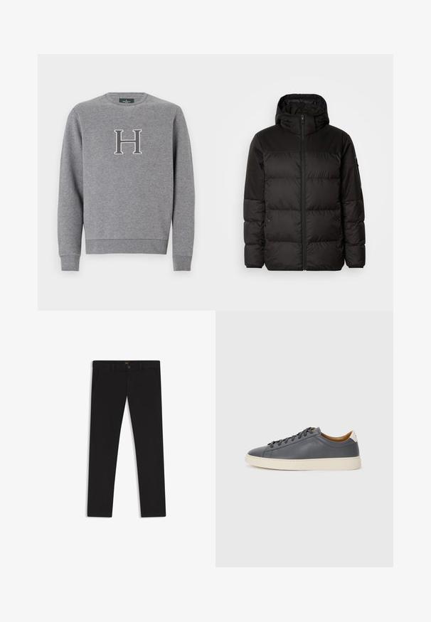 La chaqueta acolchada negra tiene un cierre de cremallera, capucha, secciones acolchadas y puños elásticos, hecha de un material suave y resistente al agua.; Sudadera gris con cuello redondo, puños acanalados y dobladillo. Presenta una letra "H" bordada en contraste en el pecho. Textura suave.; Pantalones negros de tela con una textura suave. Cuentan con cierre de botón, trabillas para cinturón y bolsillos laterales. Diseño de pierna recta estándar.; Zapatilla de cuero gris con puntera redonda, suela de goma, cordones planos y acentos de color claro en el talón. Textura suave y diseño minimalista.