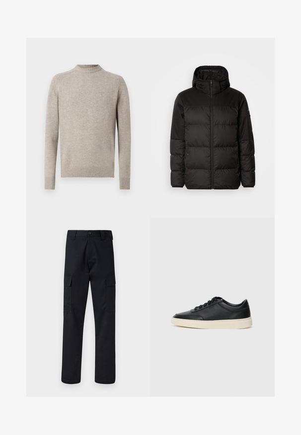 Mustikas puffer-jakk sisaldab tõmblukku, kapuutsi, tikandiga osi ja elastseid mansette, valmistatud siledast veekindlast materjalist.; Heled hall sweatshirt, mis on valmistatud pehmest kangast. Omab ribatud ümarat kaelust, pikkade varrukatega ja kitsast ribatud äärt. Rinnal on peen logo.; Mustad mustad püksid, mis on valmistatud tugevast materjalist, sirge lõikega, kaht küljetaskut ja nööbiga sulgemist vöökoha juures.; Mustad musta nahast madal sneaker mustade nööpidega ja kreemivalge tallaga, nähtud külgprofiilis valge tausta ees.