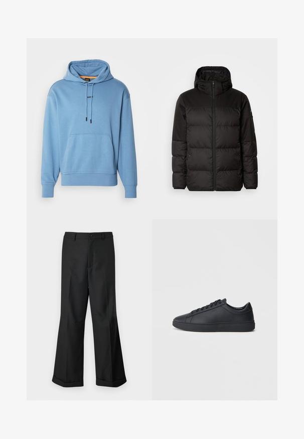 A fekete steppelt dzseki cipzáros záródással, kapucnival, steppelt részekkel és rugalmas mandzsettákkal rendelkezik, sima, vízálló anyagból készült.; BOSS WESMALLHOOD - Kapucnis pulóver - open blue; Fekete, bő szárú nadrág gombos derékkal és felhajtott szegélyekkel, sima fehér háttér előtt bemutatva.; Fekete sportcipők sima bőrből, alacsony szárú kivitelben, kerek orral és lapos gumitalppal. Zsinóros rögzítéssel és diszkrét márkajelzéssel rendelkezik.